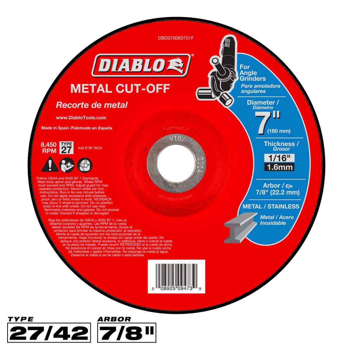 Diablo DBD070063701F metal cut-off wheel product image showing 7 inch abrasive wheel for angle grinder metal and stainless steel cutting