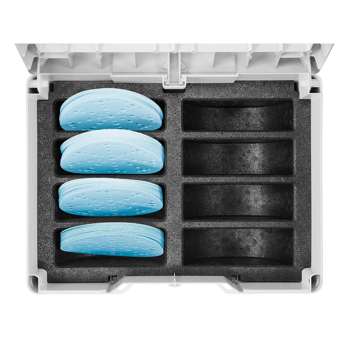 Top view of Festool 576785 Systainer3 SYS-STF D150 insert showing compartments for 6-inch abrasive discs in organized storage