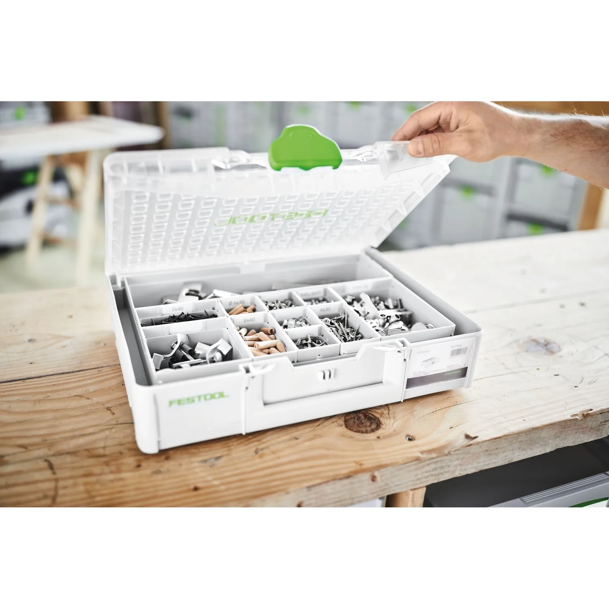 Festool 204856 Systainer3 Organizer L 89 with 20 Containers opened on a workbench holding fasteners, dowels, and hardware for shop or installation work