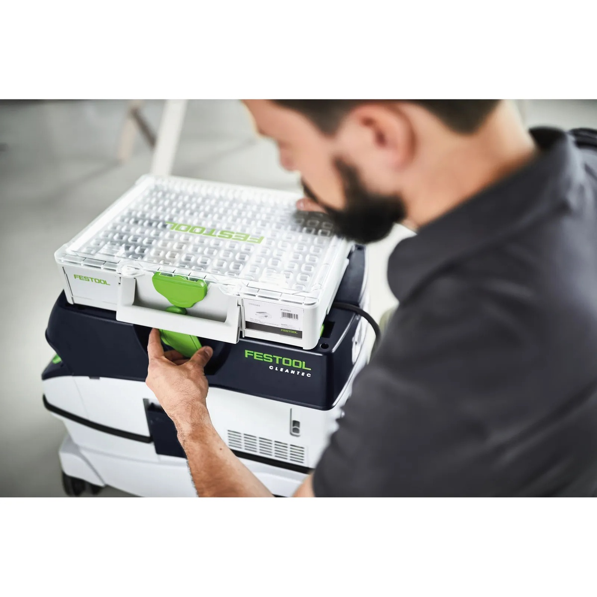 Festool 204856 Systainer3 Organizer L 89 with 20 Containers connected on top of a Festool mobile dust extractor for transport between workshop and jobsite