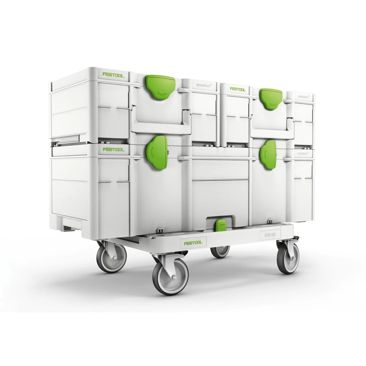 Festool 204851 Systainer3 XXL 337 stacked with other Festool Systainer storage cases on a rolling cart for shop and jobsite transport