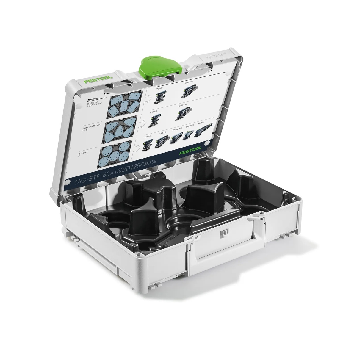 Festool 576781 Systainer3 for LS 130, RTS 400, DTS 400 and 125mm Abrasives open showing molded insert and abrasive format guide for Festool sanding system organization