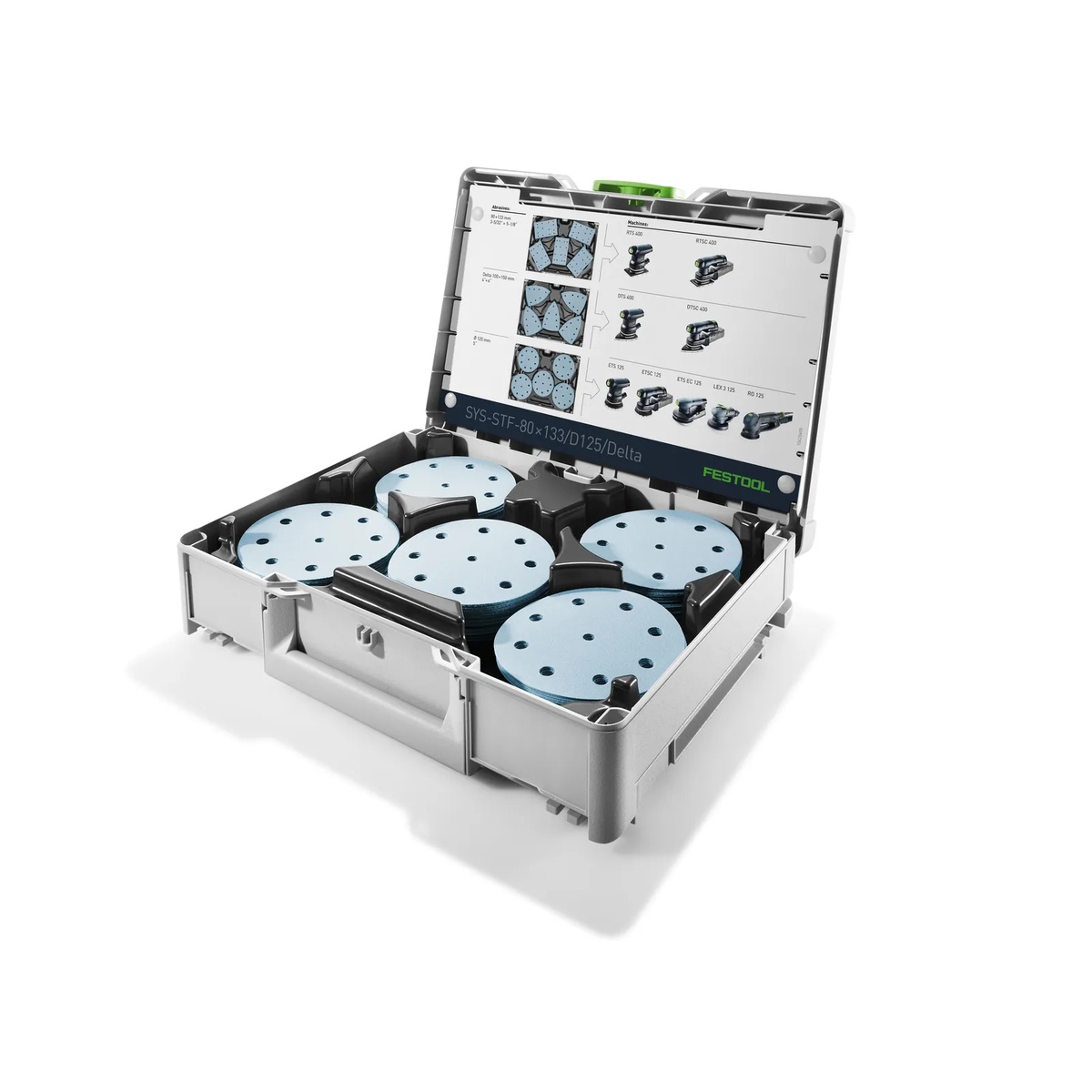 Festool 576781 Systainer3 for LS 130, RTS 400, DTS 400 and 125mm Abrasives opened with round sanding discs organized inside for shop and jobsite sanding setup