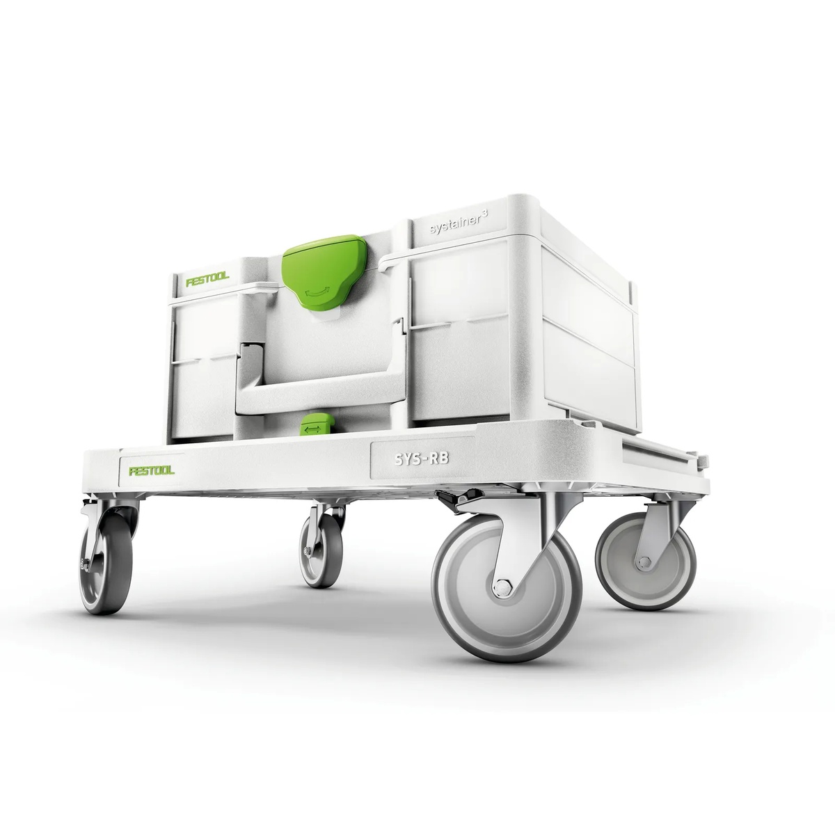 Festool SYS-RB Systainer Roll Board with Systainer mounted on top showing the low platform and four swivel wheels for workshop transport