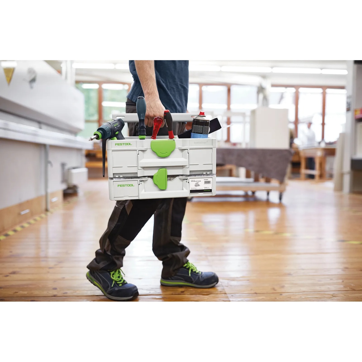 Festool 204866 Systainer3 Open Top ToolBox M 237 carried through a workshop while stacked with another Systainer and loaded with tools