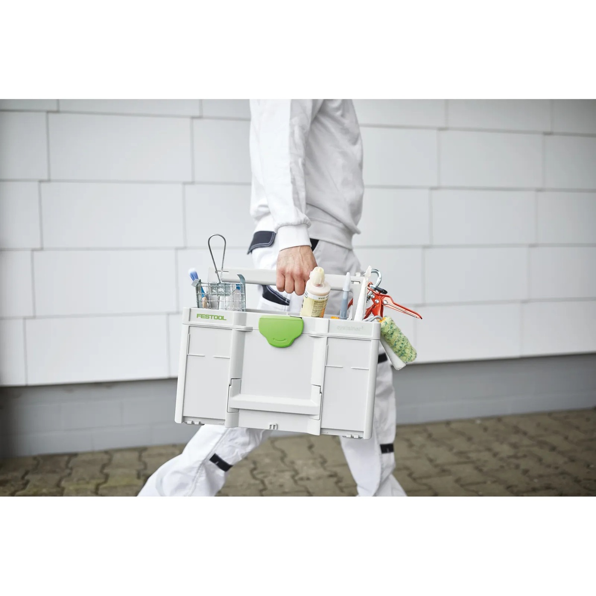 Festool 204866 Systainer3 Open Top ToolBox M 237 being carried with hand tools and consumables during exterior jobsite transport