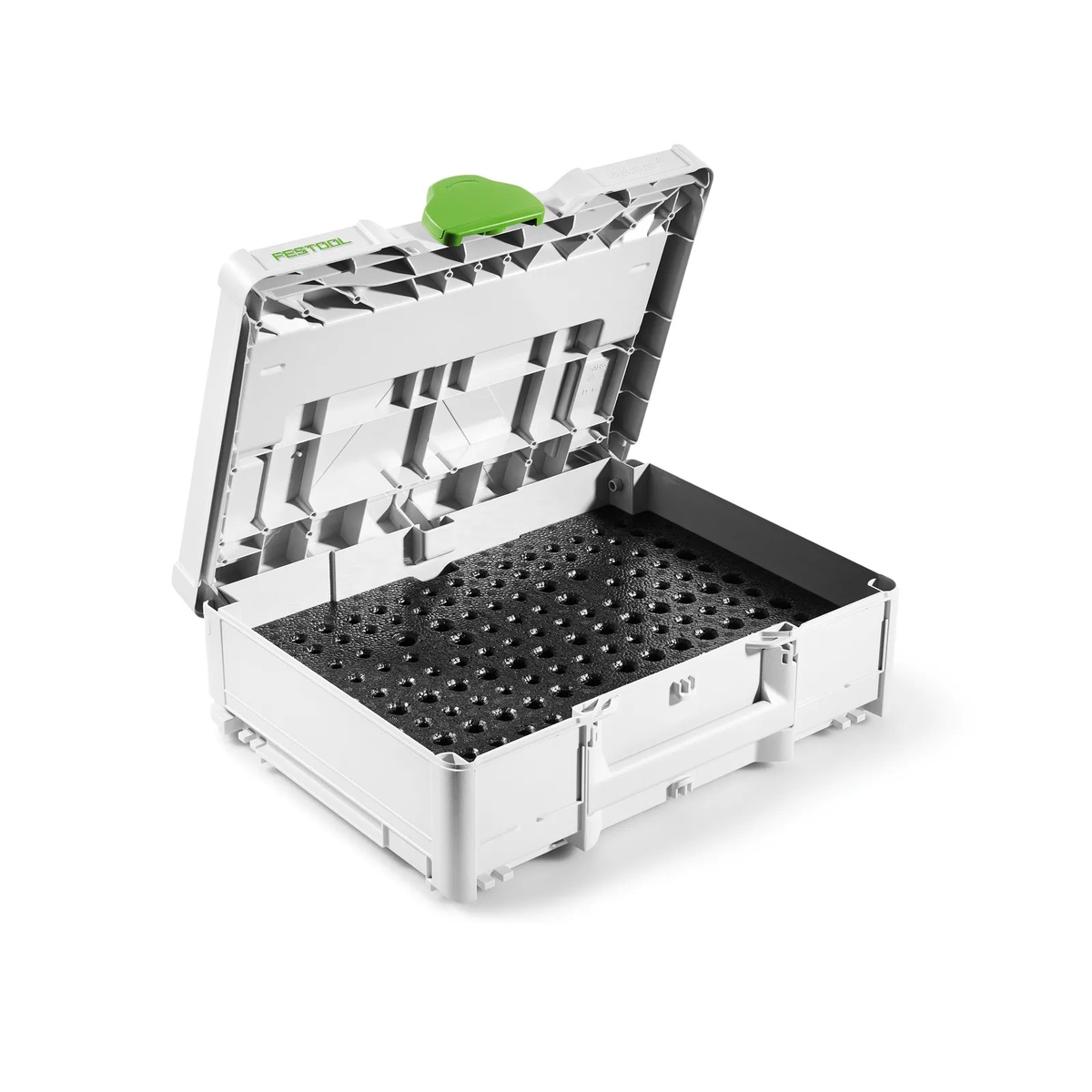 Festool 576835 Router Bit Storage Systainer3 open with foam insert holding router bits securely in a workshop storage setup