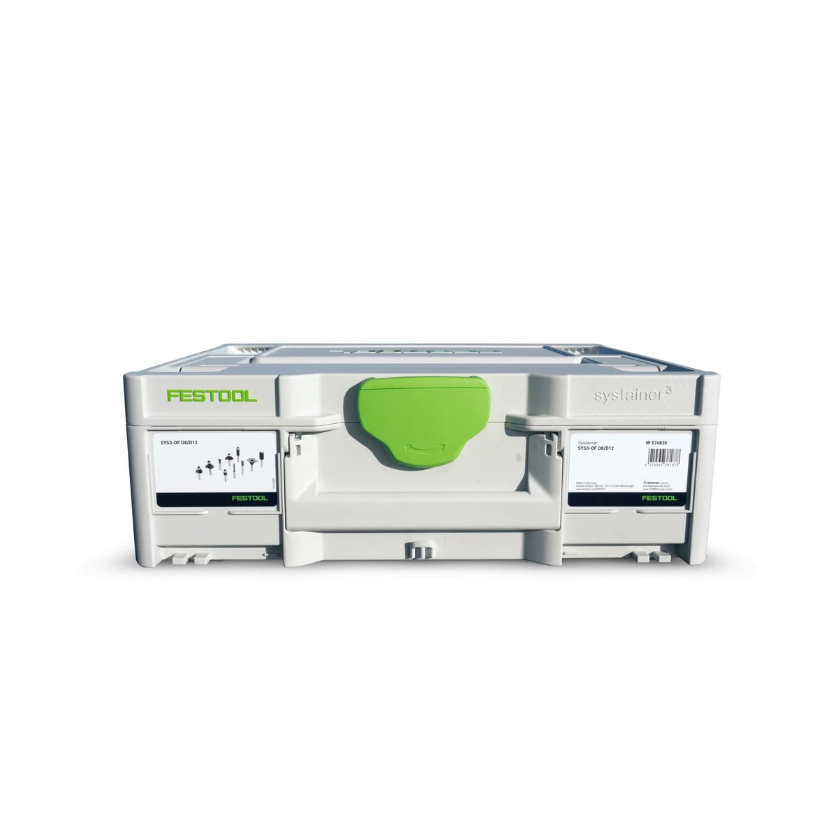 Festool 576835 Router Bit Storage Systainer3 closed and ready for transport in a stacked tool storage system