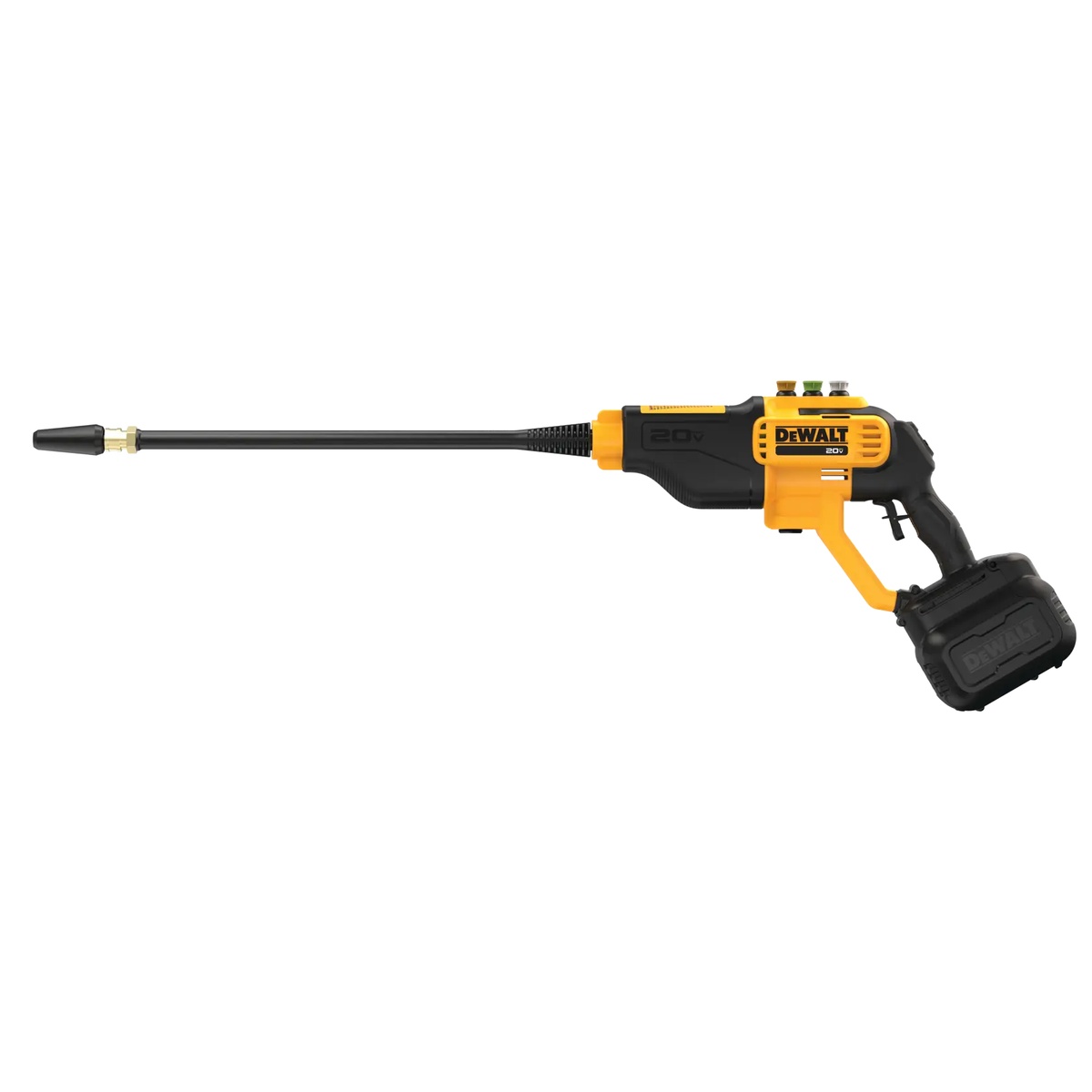 DeWALT DCPW550B 20V MAX 550-PSI Cordless Power Cleaner with long wand and nozzle set up for washing siding, vehicles, decks, and outdoor surfaces