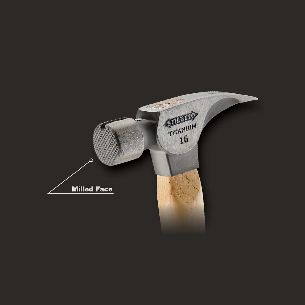 Close-up of the Stiletto TI16MC 16 oz Titanium Milled Face Hammer head showing the milled striking face for framing nail driving on lumber