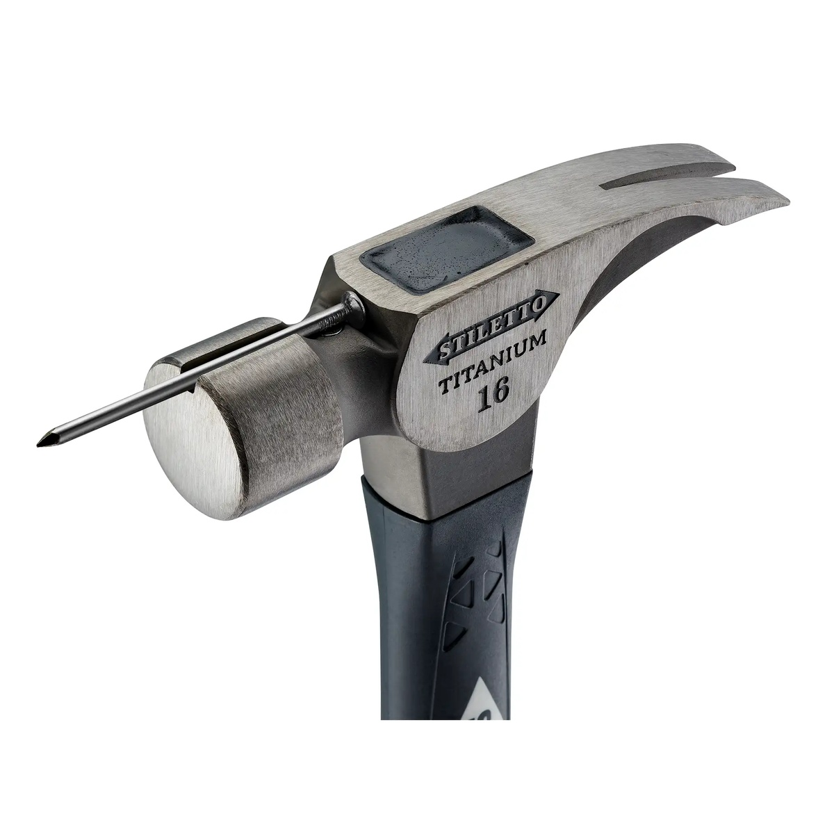 Stiletto TI16SC-F 16 oz Titanium Smooth Face Hammer with 18-in. Hybrid Fiberglass Handle close-up showing the magnetic nail starter and smooth face for decking and siding work