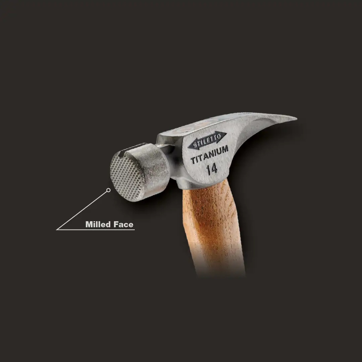 Close-up of the Stiletto TI14MC 14 oz Titanium Milled Face Hammer head showing the milled striking face used for framing nails