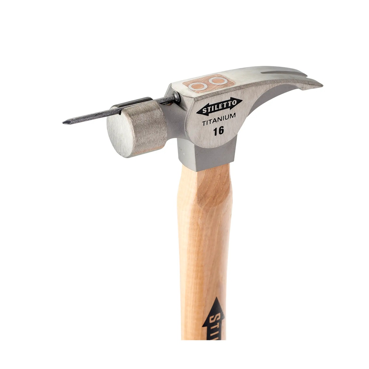 Stiletto 16 oz Titanium Smooth Face Hammer magnetic nail starter holding a nail for one-handed starting on a jobsite