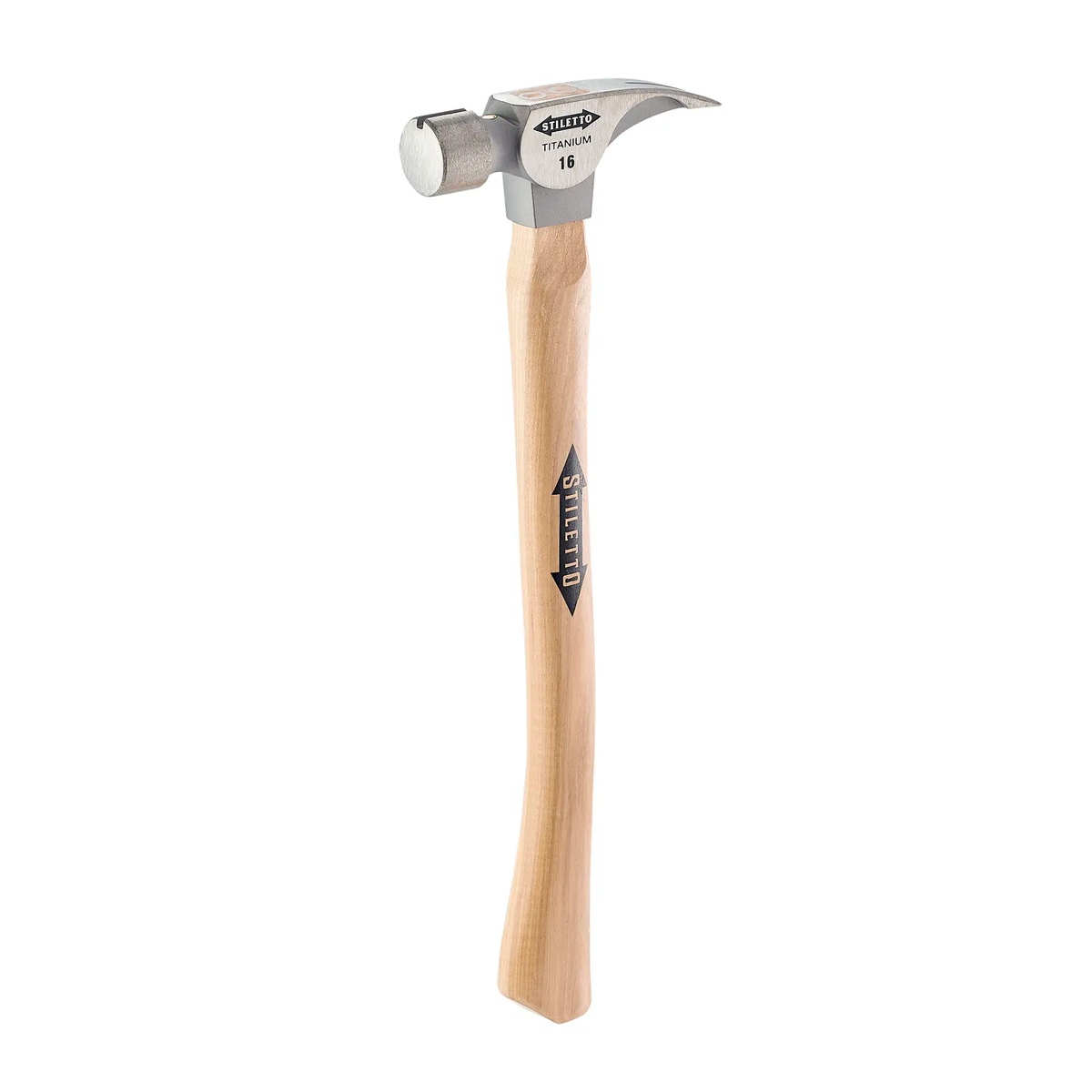 Stiletto 16 oz Titanium Smooth Face Hammer with 18 in. Curved Hickory Handle shown as a full product view for framing and remodeling work