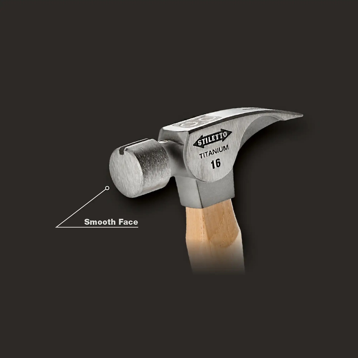 Stiletto 16 oz Titanium Smooth Face Hammer close-up of the smooth striking face used for decking, siding, and patio work