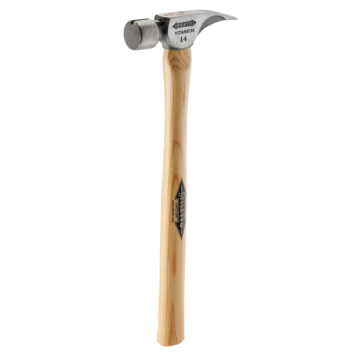 Stiletto TI14MS 14 oz Titanium Milled Face Hammer with 18-in. Straight Hickory Handle shown in full profile on a clean background for framing and remodeling work