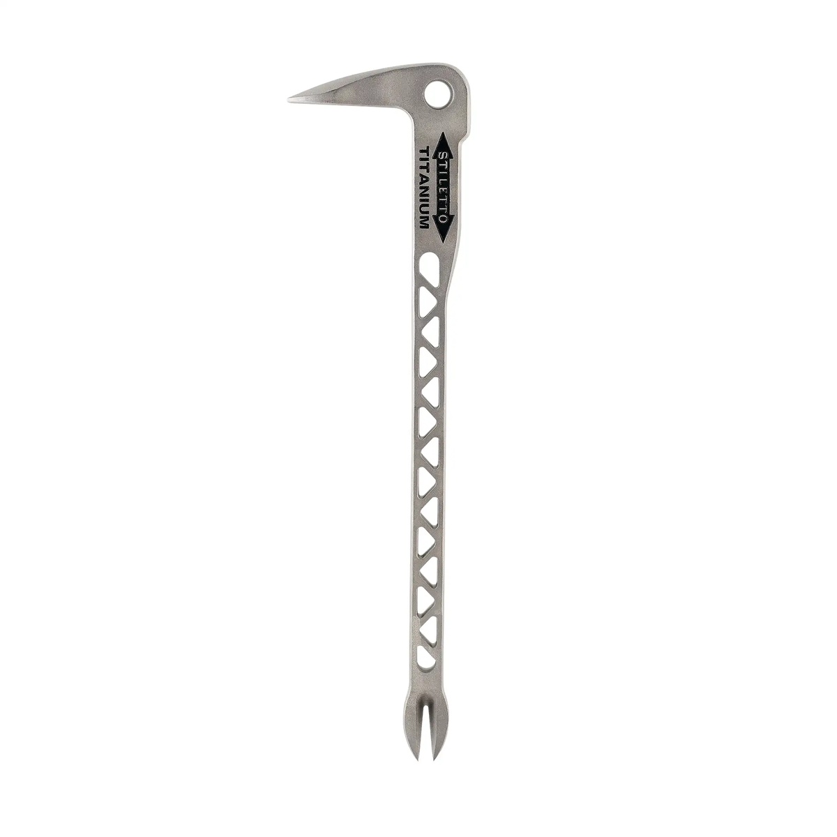 Side profile of the Stiletto TICLW-12 11.5 inch Titanium Claw Bar showing the slim pry head for window and door installation, scraping, and moderate prying