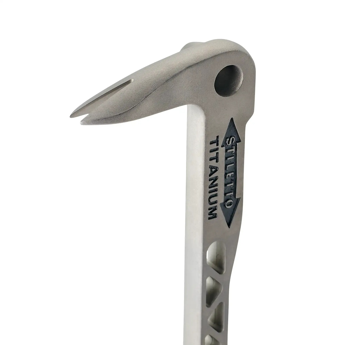 Close-up of the Stiletto TICLW-12 11.5 inch Titanium Claw Bar nail puller head used for slipping under common nail heads in wood trim and framing material