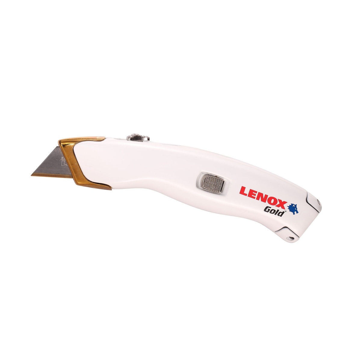 Lenox 20353SSRK1 Gold Quick-Change Retractable Utility Knife product view showing the titanium coated stainless steel nose and extended blade for general cutting work