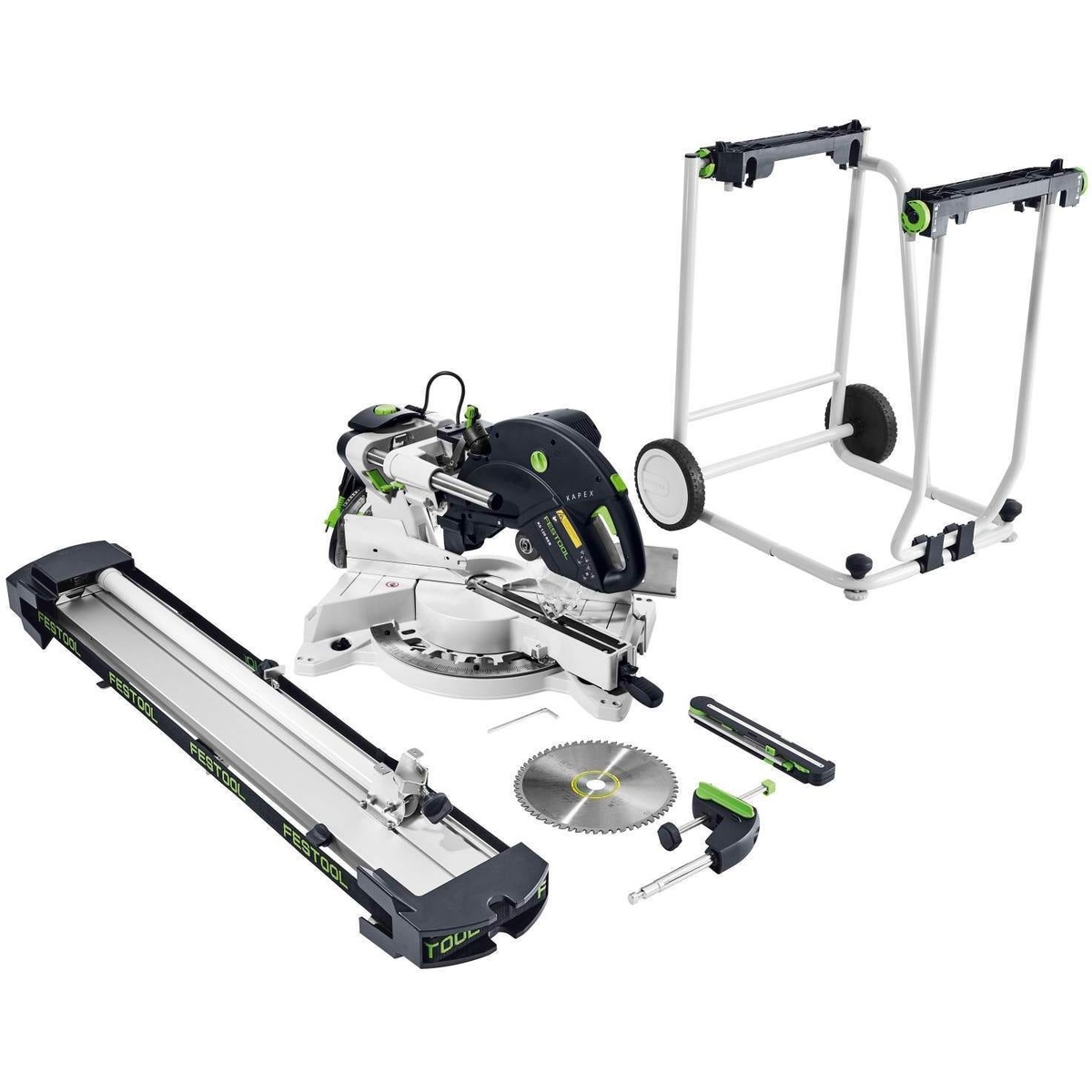 Festool 575306-201179 Kapex KS 120 REB Sliding Compound Miter Saw side view showing rail-forward slide design, blade, and compact profile for trim and molding work in tight spaces
