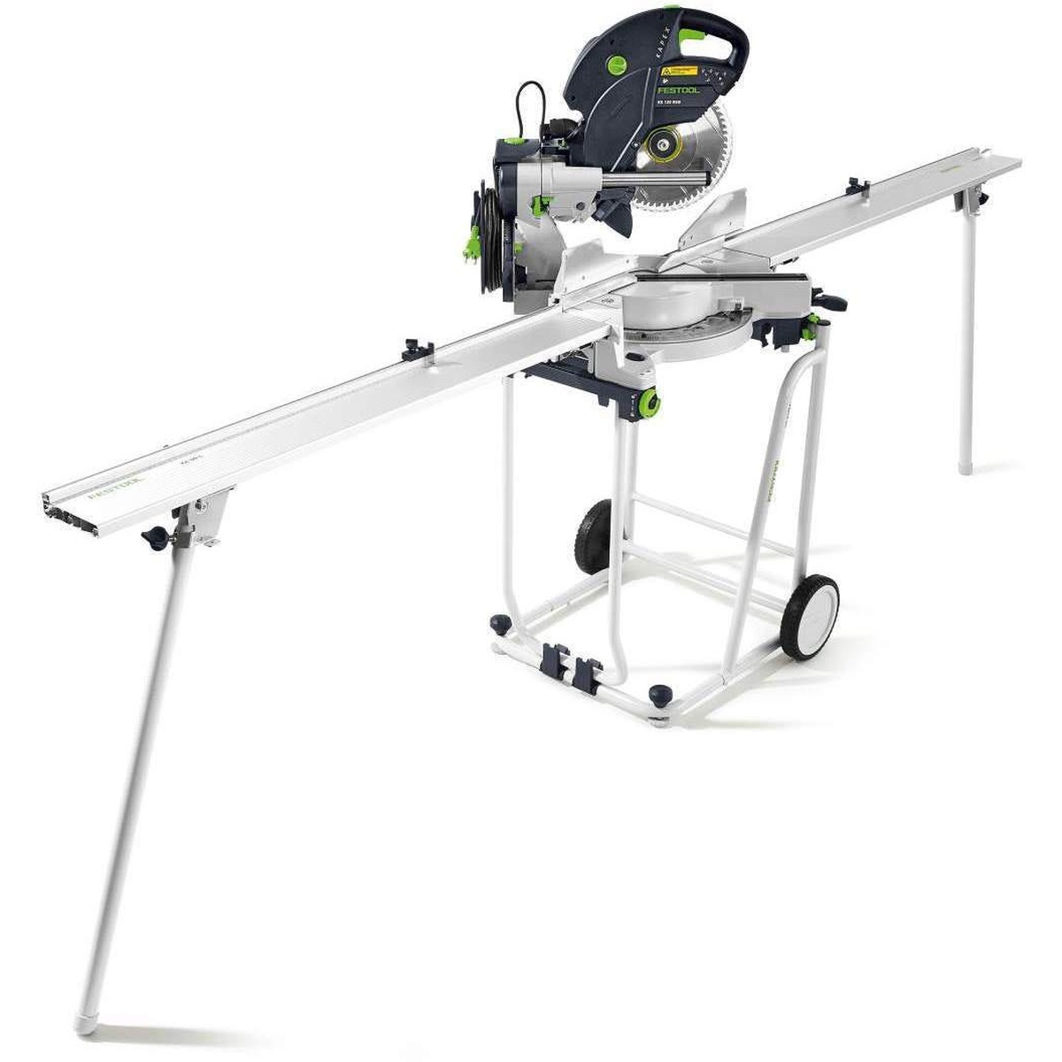 Festool 575306-201179 Kapex KS 120 REB Sliding Compound Miter Saw set up on UG wheeled stand with imperial extensions for trim cutting and repeat support on a jobsite-style workstation