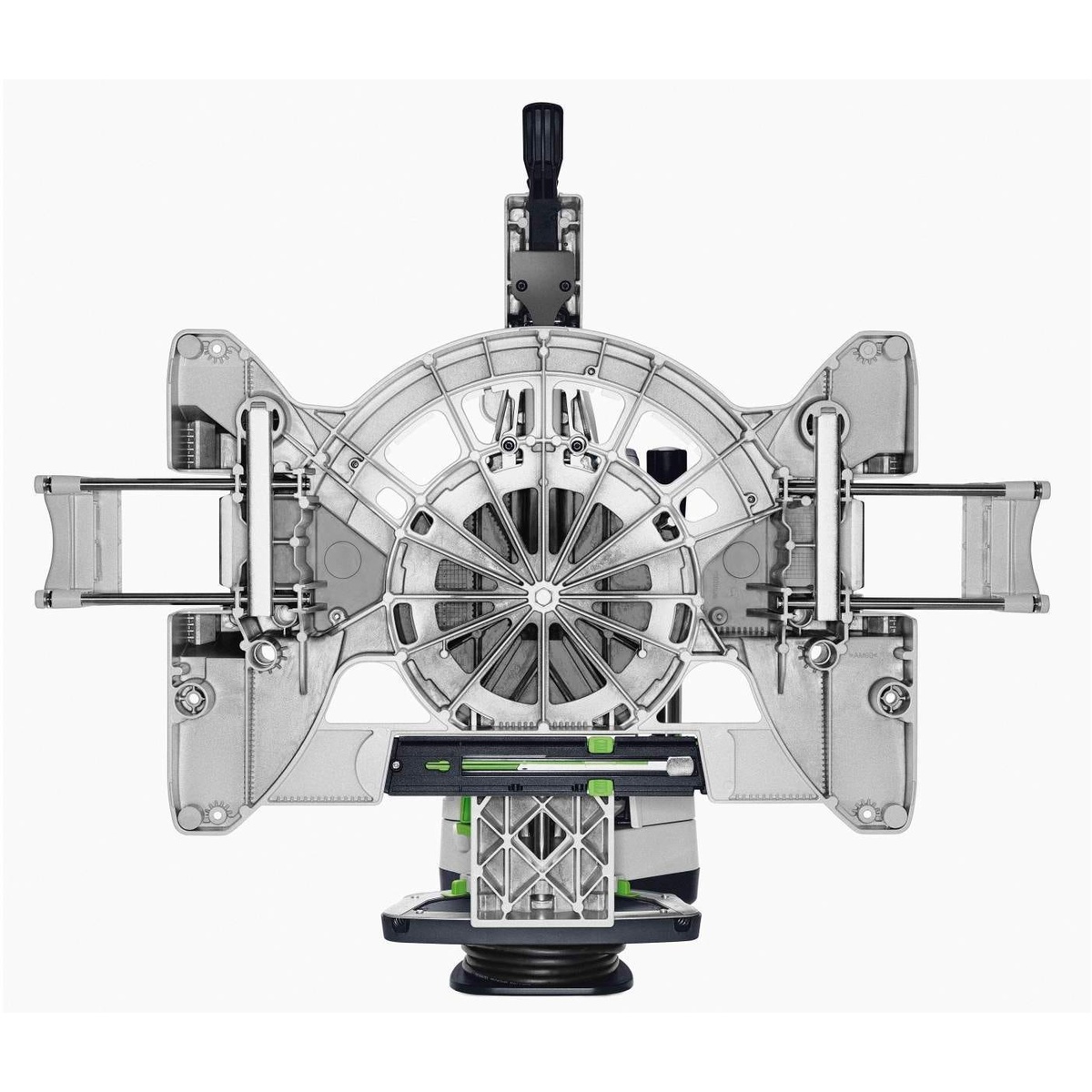 Festool Kapex KS 120 REB miter saw top view showing base structure, guide system, and front controls for accurate bevel and miter adjustments in finish carpentry