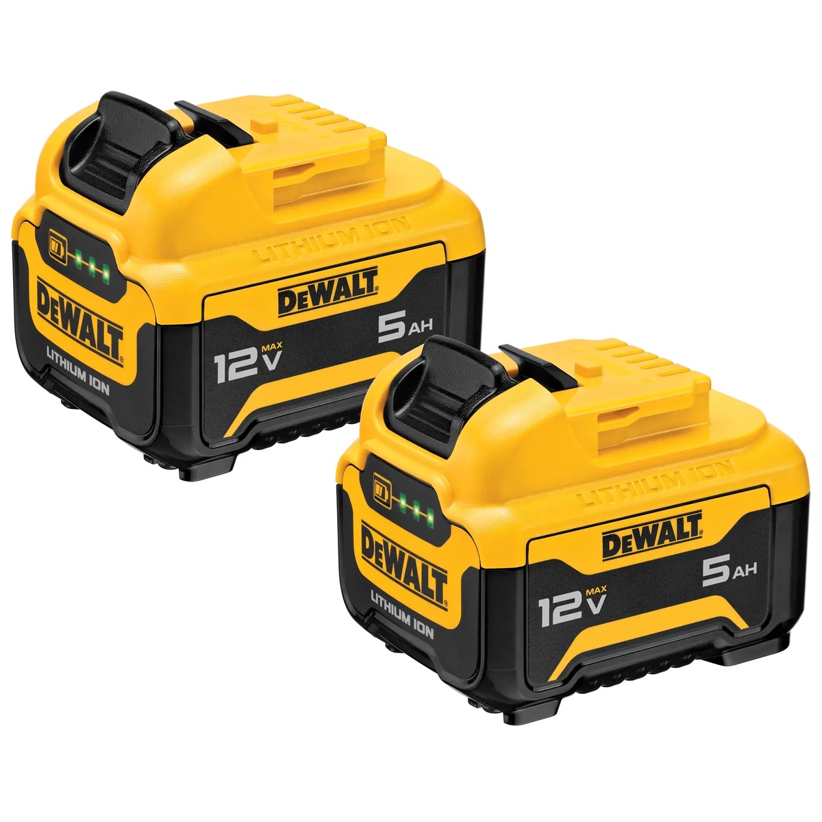 DEWALT DCB126-2 12V MAX 5Ah Battery 2-Pack shown as two lithium-ion batteries for compact cordless tool use in service work, drilling, and fastening applications