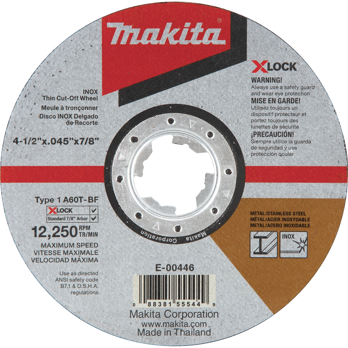 Makita E-00446 X-LOCK 4-1/2 inch thin cut-off wheel product view showing Type 1 wheel labeling, 60 grit rating, 7/8 inch arbor fit, and 12,250 RPM maximum speed for metal and stainless steel cutting in angle grinder applications