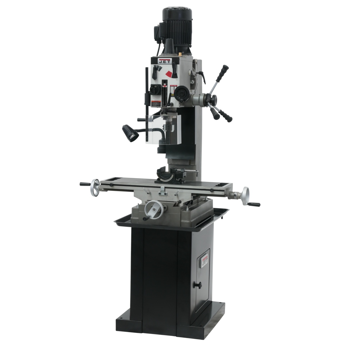 JET JMD-45GH Geared Head Square Column Mill/Drill full machine view with stand, cast iron base, square column, and long work table for precision metalworking applications