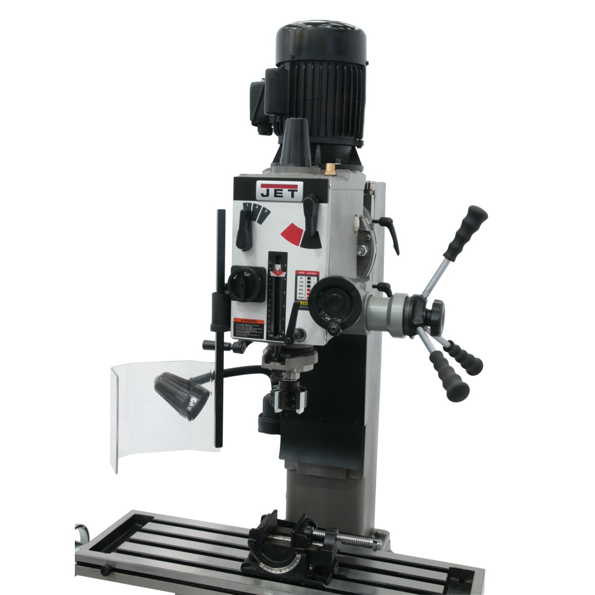 JET JMD-45GH Geared Head Square Column Mill/Drill with Newall DP700 2-Axis DRO and X-Powerfeed showing the head, spindle area, guard, and work table in a metalworking shop machine setup