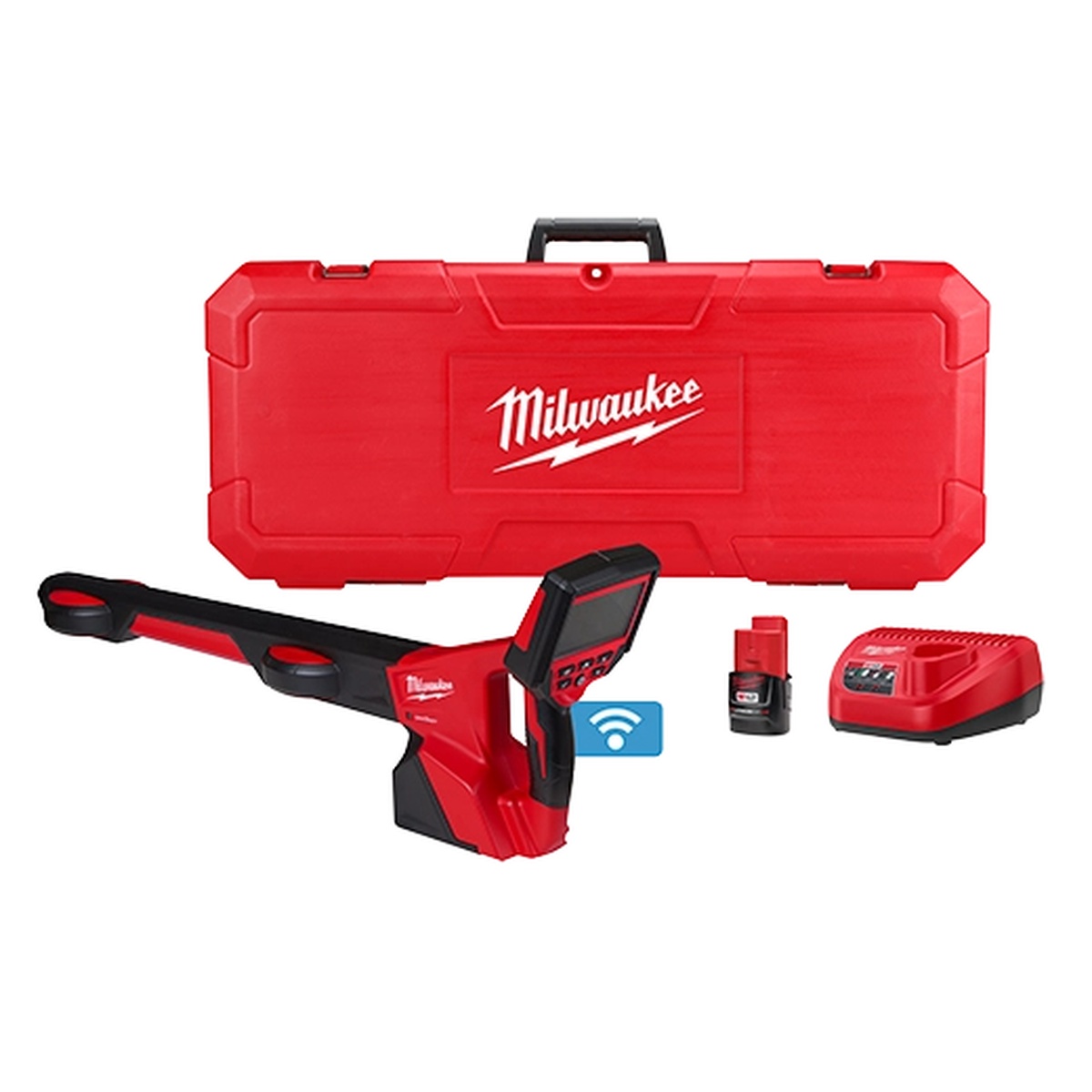 Milwaukee 2580-21 M12 Pipeline Locator 1.5Ah Kit with locator, carrying case, battery, and charger shown for sewer line locating and plumbing inspection work