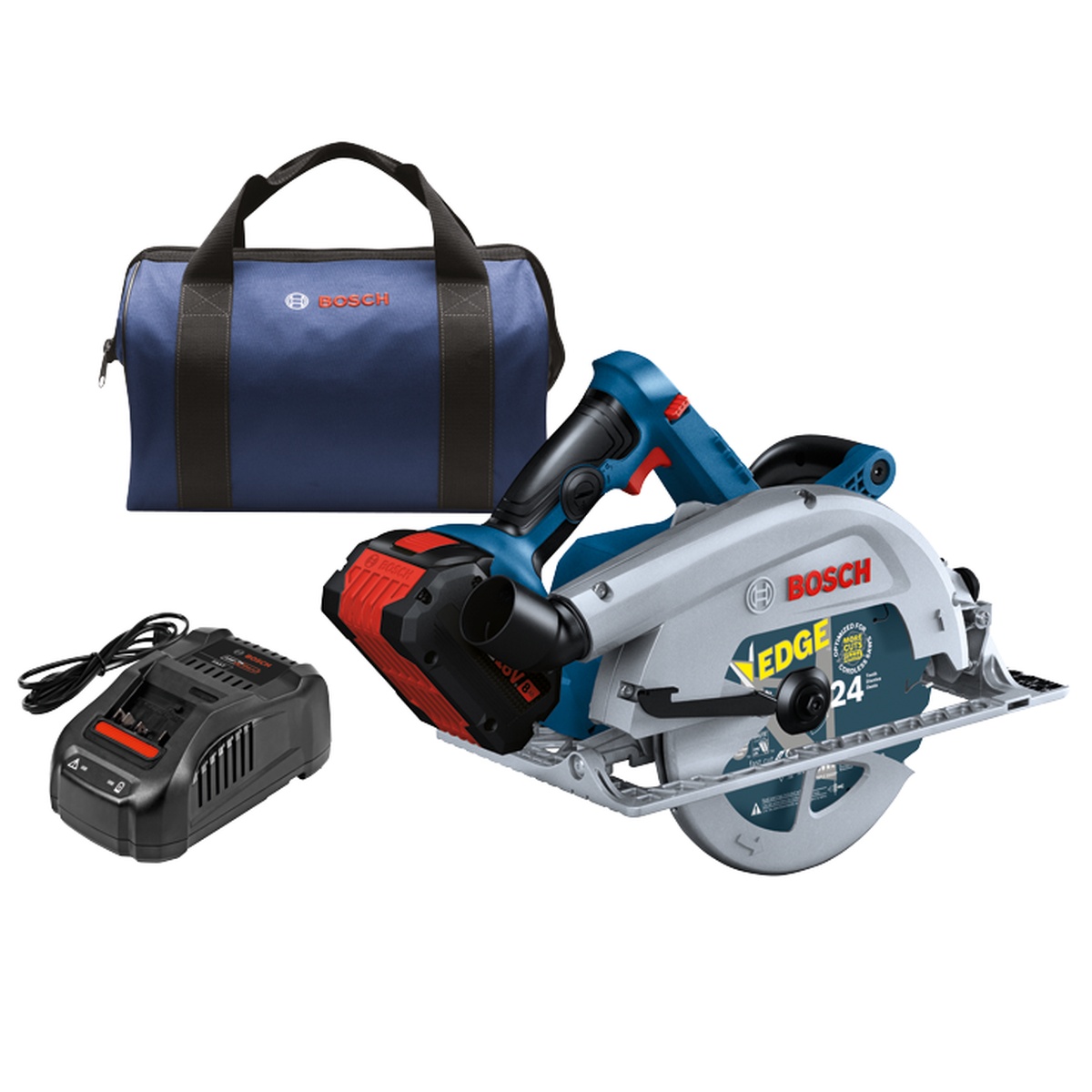 Bosch GKS18V-25CB14 circular saw kit with saw, CORE18V 8 Ah battery, fast charger, and carrying bag on a clean background for jobsite transport and setup