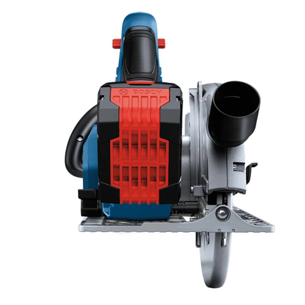 Bosch GKS18V-25CB14 circular saw front view showing the 360 degree pivoting dust port for directing chips and connecting a vacuum hose during indoor cutting