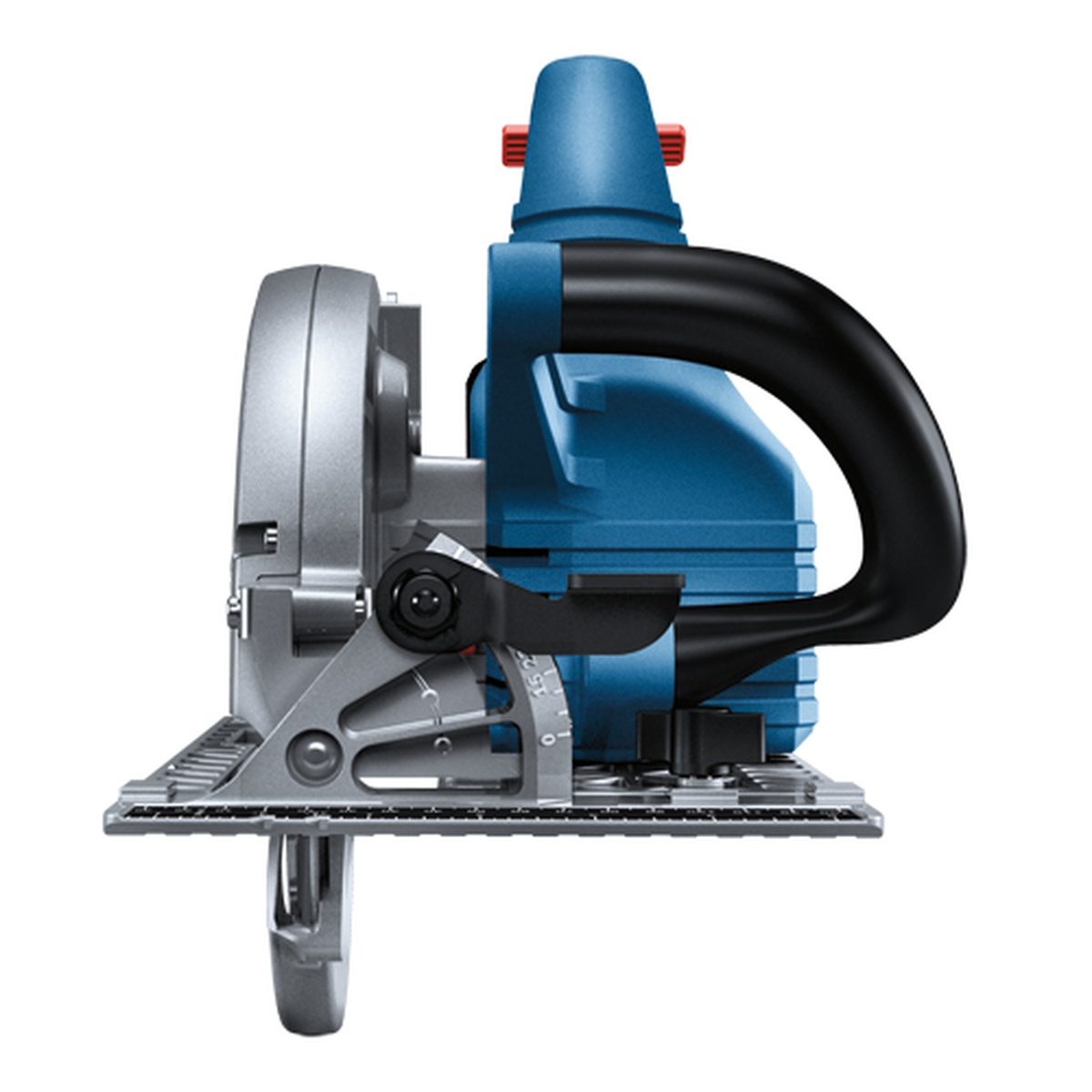 Bosch GKS18V-25CB14 circular saw side view highlighting the auxiliary front handle and bevel adjustment for controlled framing and bevel cutting
