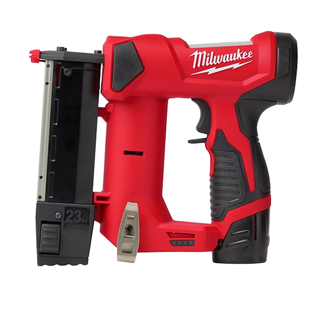 Milwaukee 2540-21 M12 23 Gauge Pin Nailer Kit product view showing magazine, belt clip, and cordless body for finish carpentry