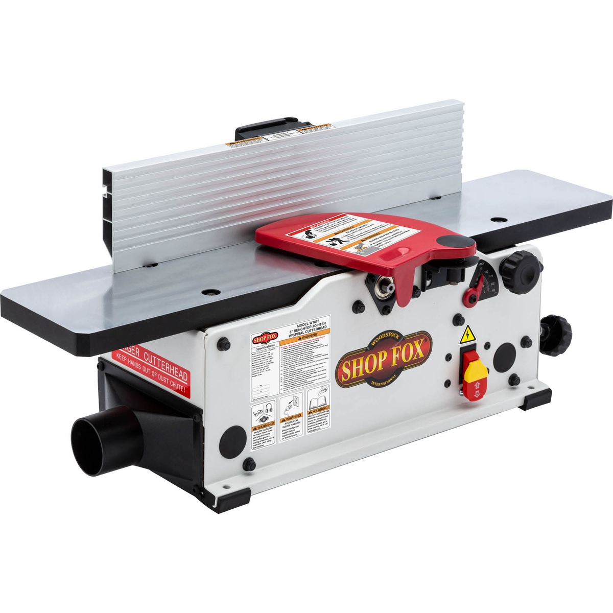 Shop Fox W1876 6-Inch Benchtop Jointer showing the side dust port and cutterhead guard on a clean product view