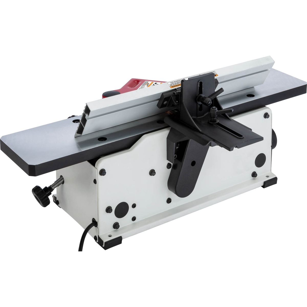 Rear view of the Shop Fox W1876 6-Inch Benchtop Jointer showing the extruded aluminum fence and adjustment hardware on a bench
