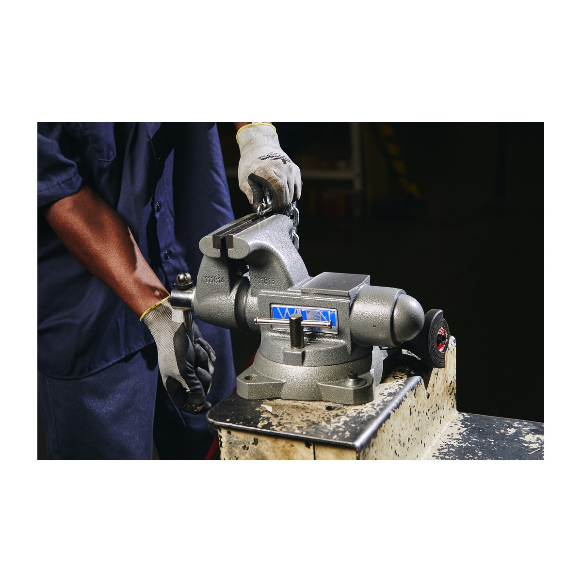 Wilton 28806 Tradesman 1755 Vise mounted on a shop bench during daily clamping use