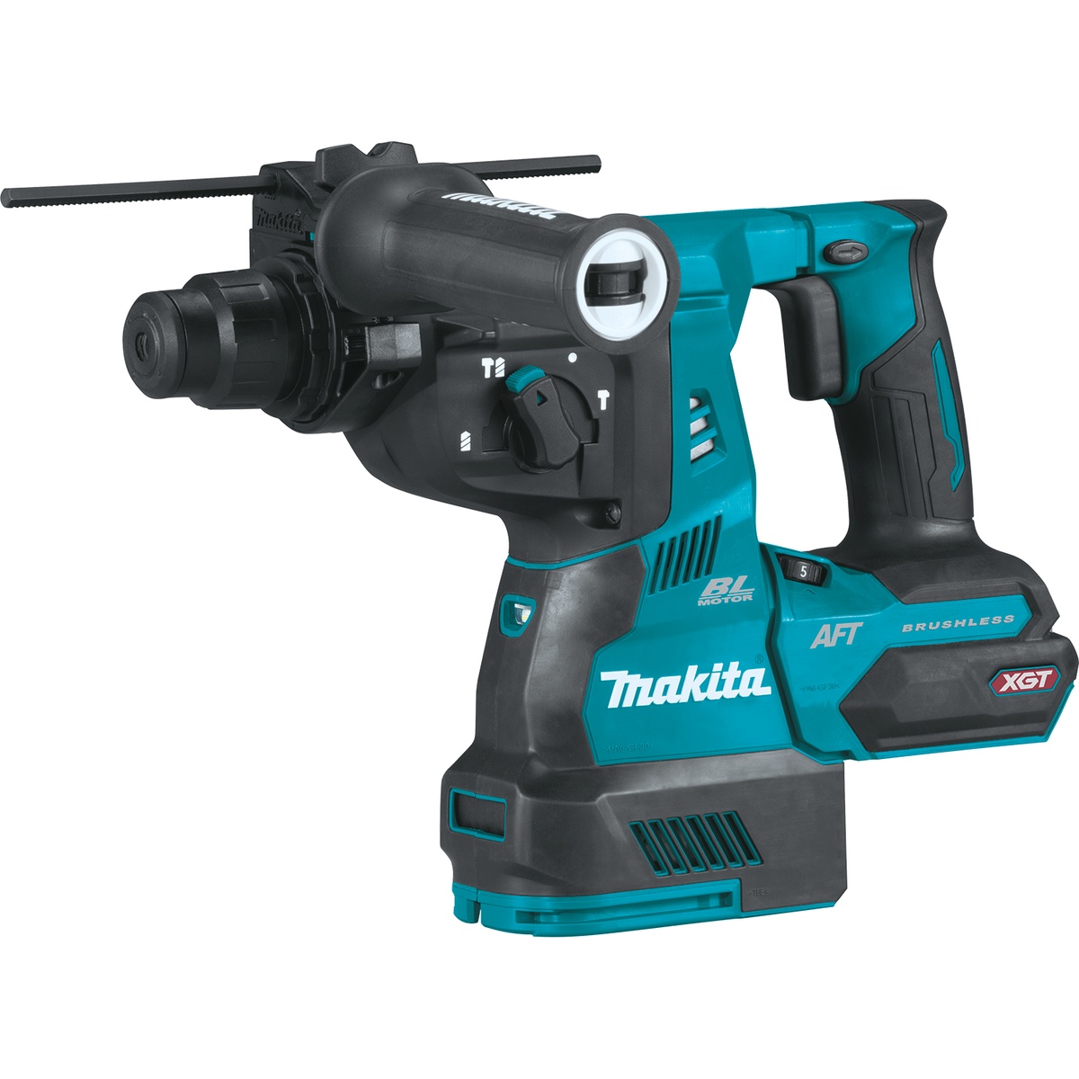 Makita GRH01Z 40V max XGT Brushless Cordless 1-1/8 in. SDS-PLUS AVT Rotary Hammer shown as a cordless concrete drilling tool with side handle and SDS-PLUS nose for jobsite anchor drilling and chipping work