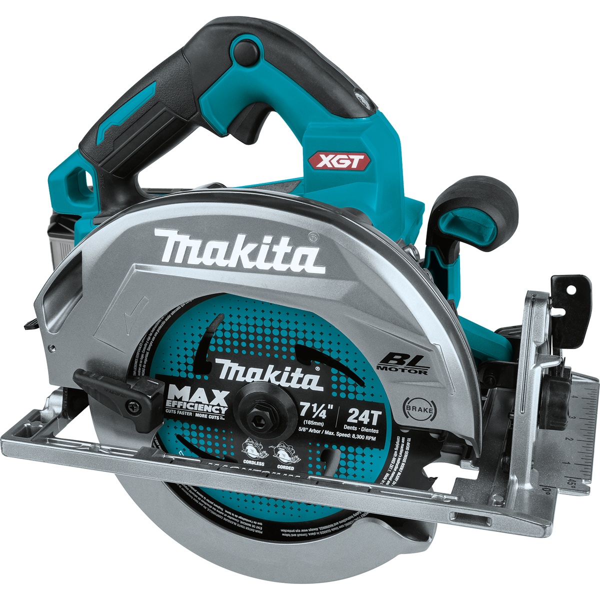 Makita GSH01M1 40V max XGT Brushless Cordless 7-1/4 inch Circular Saw Kit, AWS Capable circular saw shown from the blade side for framing lumber and general construction cutting