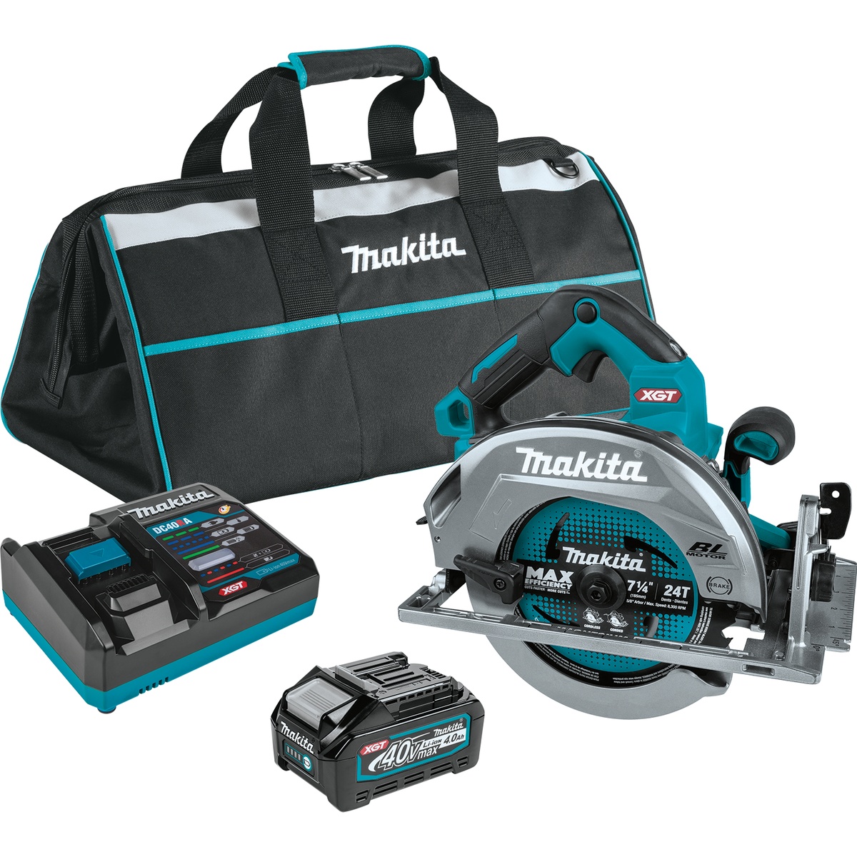 Makita GSH01M1 40V max XGT Brushless Cordless 7-1/4 inch Circular Saw Kit, AWS Capable, shown with circular saw, 4.0Ah battery, rapid charger, and tool bag for jobsite transport