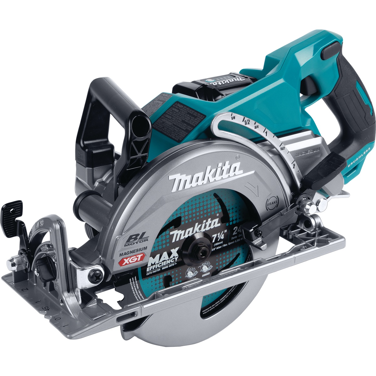 Makita GSR01M1 40V max XGT Brushless Cordless Rear Handle 7-1/4 in. Circular Saw Kit shown as a rear handle circular saw for framing and sheet goods cutting on the jobsite