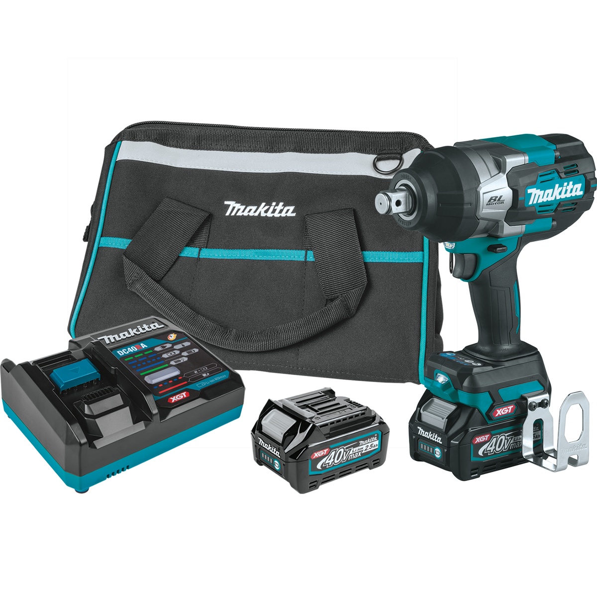 Makita GWT01D impact wrench kit with charger, two 40V max XGT 2.5Ah batteries, and tool bag arranged for transport and daily jobsite fastening work