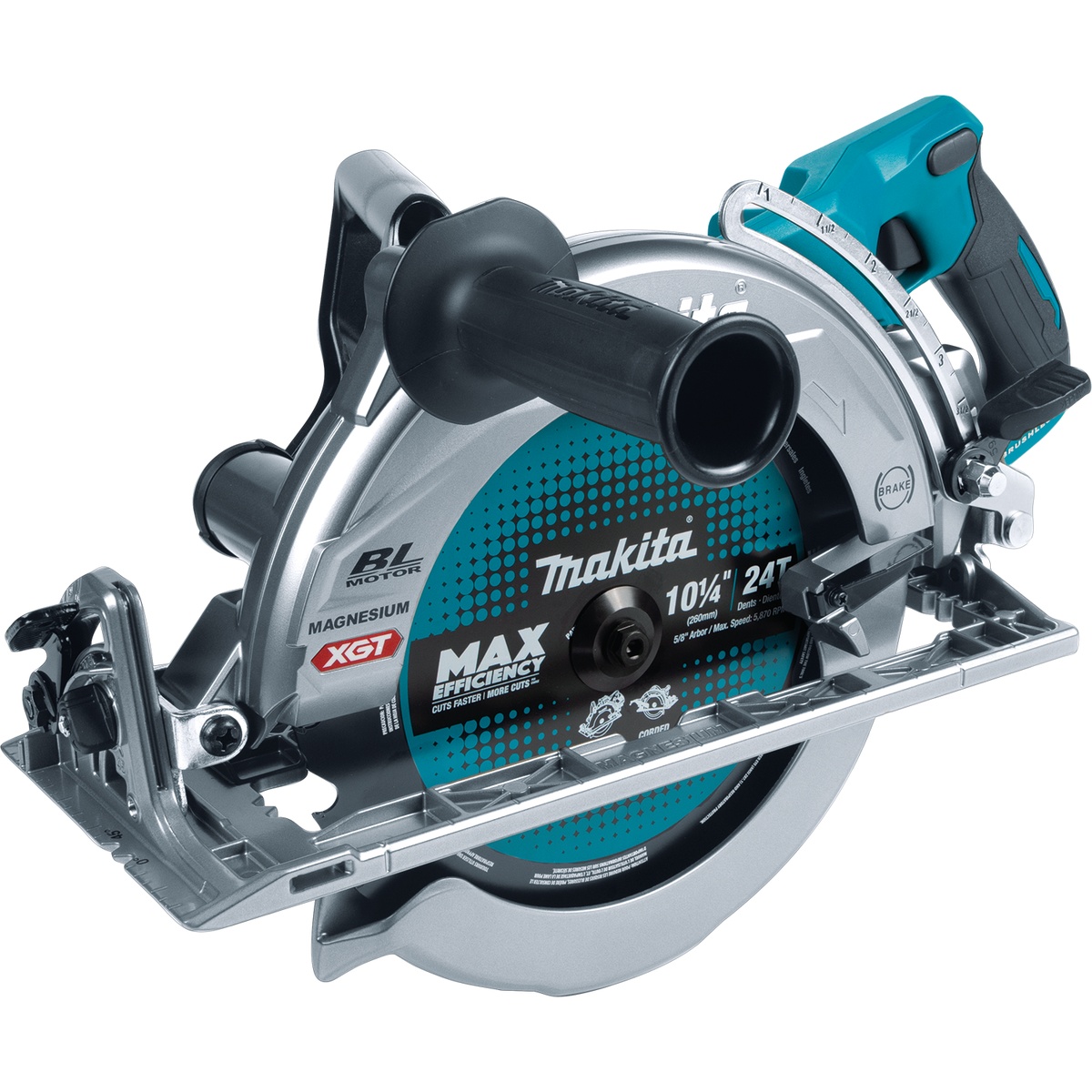 Makita GSR02M1 40V max XGT rear handle circular saw shown as a full product view with 10-1/4 inch blade for heavy framing and 4x lumber cutting on the jobsite