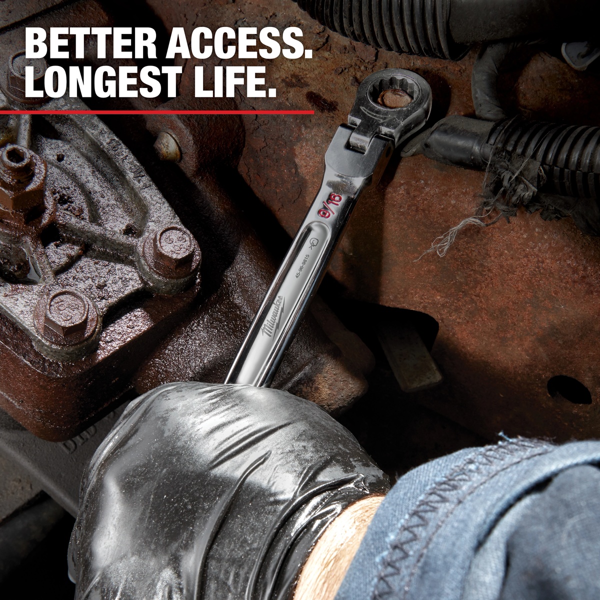 Milwaukee 48-22-9413 SAE Flex Head Ratcheting Combination Wrench, 15-Pieces being used on a rusted automotive fastener in a tight engine bay service area
