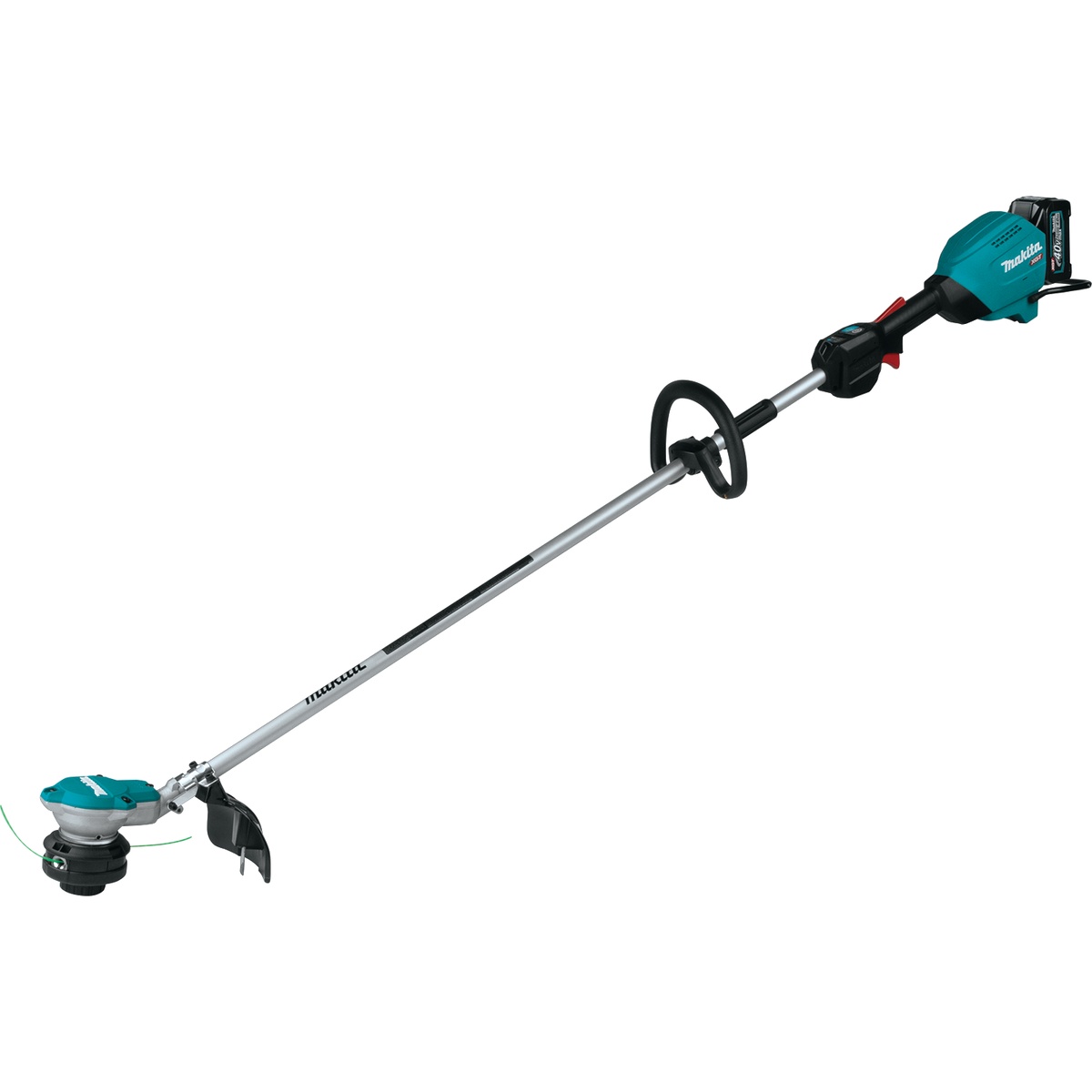 Makita GRU01M1 40V max XGT Brushless Cordless 15 inch String Trimmer Kit set up for trimming grass and weeds around a yard or commercial landscape edge