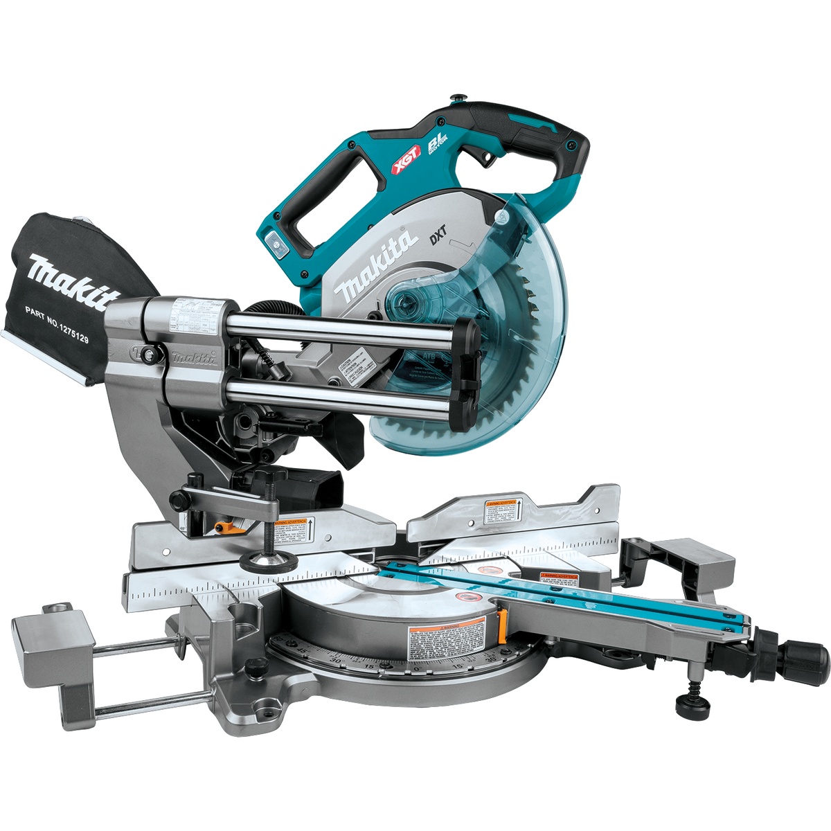 Makita GSL02Z 40V max XGT Brushless Cordless 8-1/2 inch Dual-Bevel Sliding Compound Miter Saw shown on a jobsite-ready bench setup with rail-forward slide design for tight wall placement