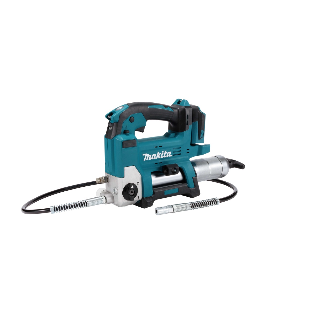 Makita XPG01Z 18V LXT Lithium-Ion Cordless Grease Gun, Tool Only with flexible hose attached for servicing hard-to-reach grease fittings in a workshop or garage setting