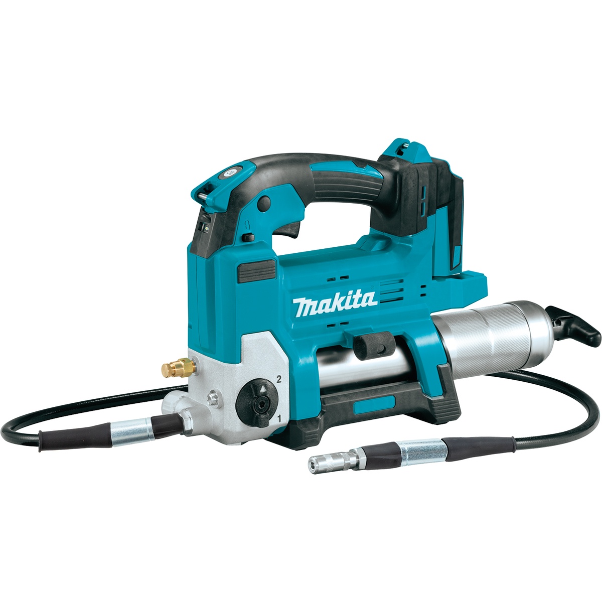 Makita XPG01Z 18V LXT Lithium-Ion Cordless Grease Gun, Tool Only product view showing compact body, hose routing, and control layout for workshop lubrication work