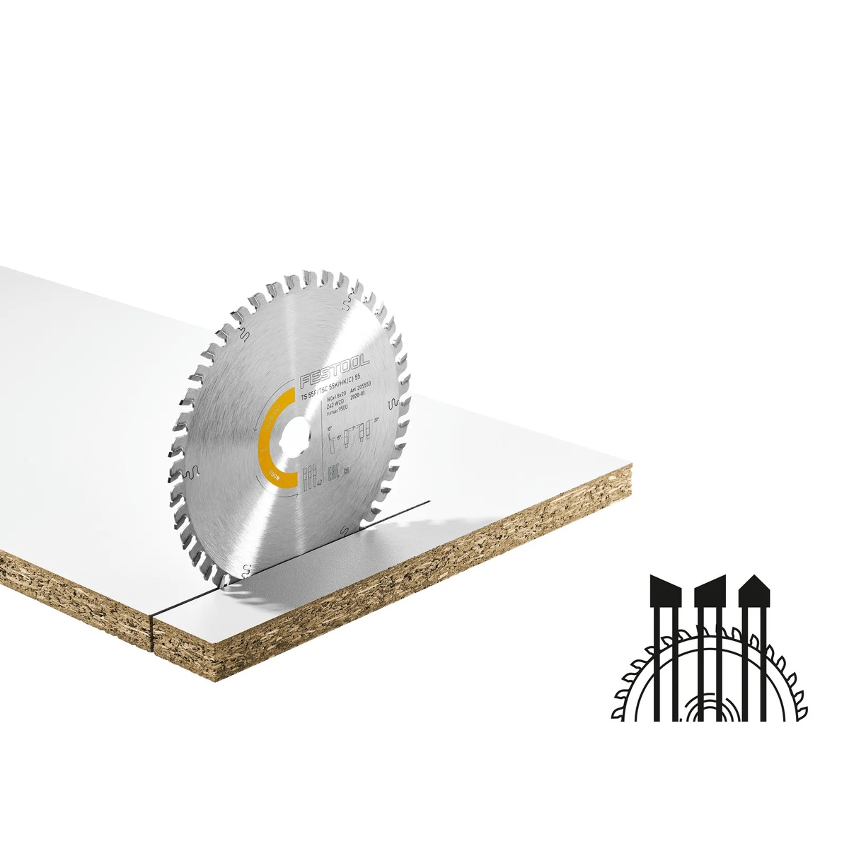 Festool 205561 HW 160x1,8x20 WD42 Fine Cut Wood Saw Blade making a clean cut in coated sheet material on a workshop cutting setup